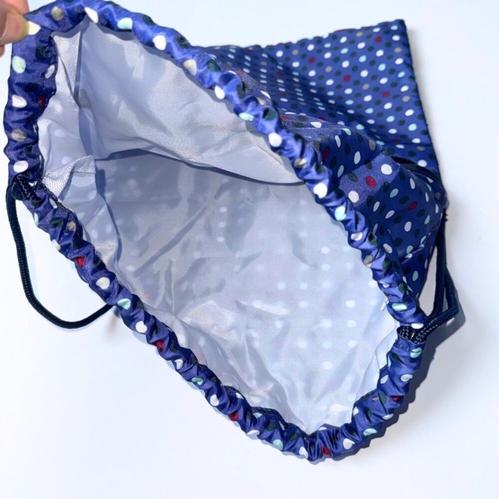 Thirty One Cinch Sac Playful Pop Polka Dot Navy Blue Drawstring Backpack - Picture 6 of 9